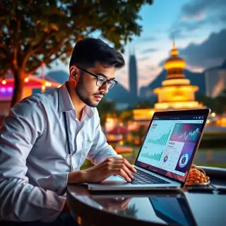 A professional SEO specialist analyzing local market data on a laptop, surrounded by vibrant Kota Kinabalu scenery, including local landmarks like the Tunku Abdul Rahman Park, with graphs and charts showing search trends on the screen.