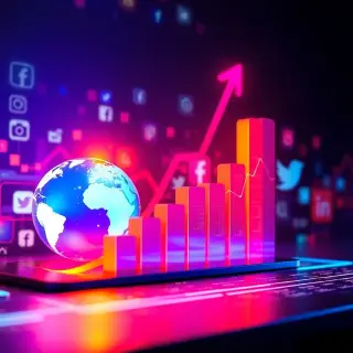 An abstract representation of online presence featuring a striking visual of a rising graph symbolizing website traffic. The backdrop includes digital icons like a globe and social media logos, illustrating enhanced brand visibility in a vibrant, colorful style.