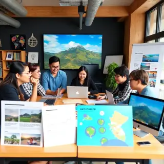 A creative workspace with a diverse team of content creators brainstorming ideas, surrounded by visuals of vibrant content like blog posts, infographics, and videos, with a backdrop of Kota Kinabalu’s scenic beauty inspiring the content.