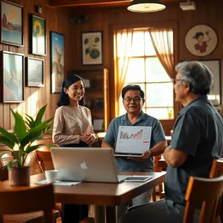 Generate a captivating image of a Kota Kinabalu local SEO specialist presenting a digital marketing strategy at a cozy, local cafe. The warm, inviting interior features wooden furniture and local artwork, with sunlight streaming through the large windows creating a relaxed atmosphere. The specialist, a late 20s woman of mixed ethnicity, stands confidently at a laptop showing local SEO analytics, with business owners engaged in conversation. Natural elements such as potted plants and coffee cups add to the charm. Capture the moment from a slightly elevated perspective, focusing on the enthusiastic expressions of the business owners. Use a rich, earthy color palette to enhance the warmth and community feel, rendered in hyperrealistic, ultra-high-definition quality.