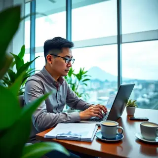 Create a photorealistic image of a professional SEO consultant in Kota Kinabalu working on a laptop in a bright, modern office. The room features large windows with a view of iconic local landmarks like Mount Kinabalu in the background, bathe in soft diffused natural light. The consultant, a mid-30s Asian male, is focused on analyzing data charts displayed on the screen, surrounded by vibrant green plants. The mood is focused and productive, with a cool color palette highlighting blues and greens. Props include a notebook with scribbled notes, a cup of coffee, and an SEO report on the desk. The camera angle is slightly above eye level, capturing the environment and the consultant's expressions clearly. Render in 8K resolution, hyperrealistic and ultra-detailed style.