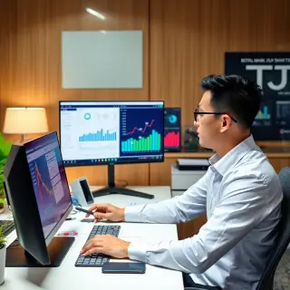 A professional SEO specialist working at a desk in an office, analyzing local market data on a computer. The workspace is organized with graphs and charts displayed on a large monitor. A map of Kota Kinabalu is visible, showing pinpointed areas of interest.
