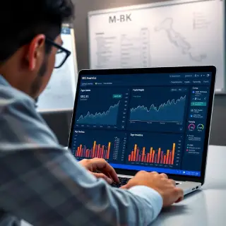 An SEO analytics dashboard displayed on a laptop screen in an office setting, showing multiple graphs and metrics. A person is analyzing the data with a focused expression, while behind them, a whiteboard with strategic notes and a map of Kota Kinabalu can be seen.