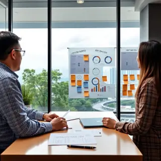 An SEO consultant collaborating with business owners in a modern office, discussing tailored SEO strategies, with sticky notes and charts of customized SEO plans on the wall. The view includes trees and cityscape of Kota Kinabalu from the window.