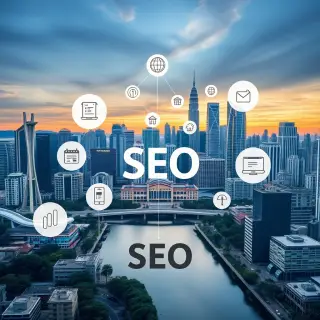 A cityscape of Kota Kinabalu featuring iconic landmarks like the Waterfront and Mount Kinabalu, with a digital overlay of various local business icons and SEO metrics, illustrating the connection between local SEO strategies and the community.