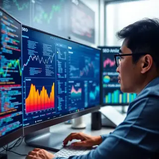 A close-up of a computer screen displaying analytics and SEO tools, surrounded by a professional SEO specialist analyzing website code and charts, with visual elements like search rankings and performance metrics in the background.