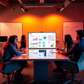 Visualize a digital marketing team in a creative brainstorming session, focusing on on-page SEO optimization for a website. The setting has a warm ambiance with dramatic side lighting highlighting the team members. They are engaged in lively discussion around a large screen displaying colorful graphs and website layouts on a sleek modern conference table. The background includes whiteboards with sticky notes and SEO checklists. The team consists of diverse individuals ranging from early 20s to late 30s, reflecting a collaborative atmosphere. Utilize a vibrant color palette to evoke creativity. Capture this scene from a slightly lower angle to accentuate the team's engagement and excitement. Presented in ultra-detailed, high-resolution quality, reminiscent of magazine advertising.