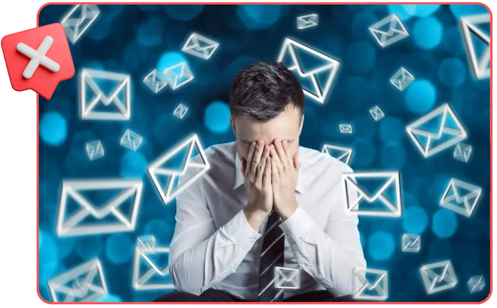 An inbox full of unopened emails, business owner looking frustrated